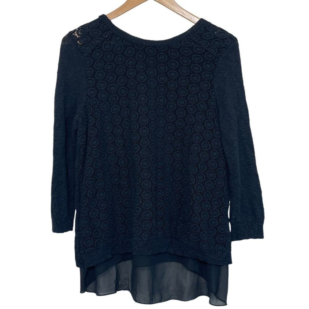 Lucky Brand Women's M Black Long Sleeve Crochet Knit Sheer Lace Underlay Sweater
